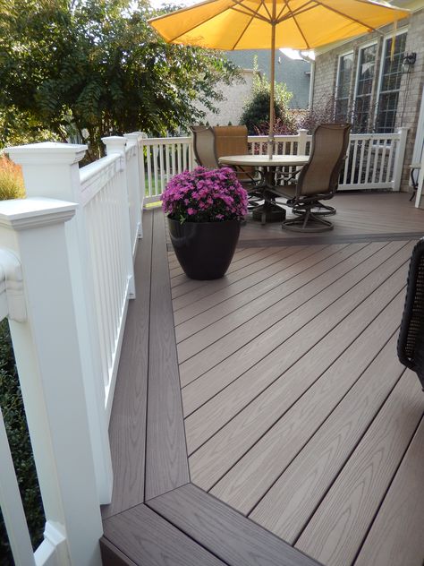 Two Color Composite Deck - Design Ideas - Archadeck Composite Deck Designs Ideas, Two Tone Deck Color Ideas Composite, Two Tone Composite Deck Ideas, Gray Composite Deck Ideas, Trex Deck Ideas Color Schemes Brown, Deck Patterns Design, Trex Deck Ideas Color Schemes, Two Tone Deck, Composite Deck Ideas