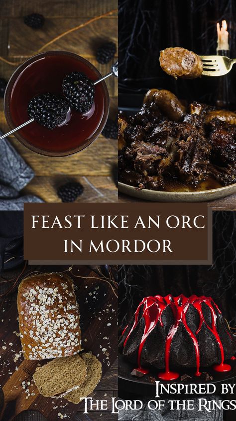 Medieval Snack Ideas, Lord Of The Rings Snacks Food Ideas, Lotr Inspired Food, D&d Snacks, D&d Food, Lotr Feast, Black Chocolate Cake, Lotr Marathon, Hobbit Feast