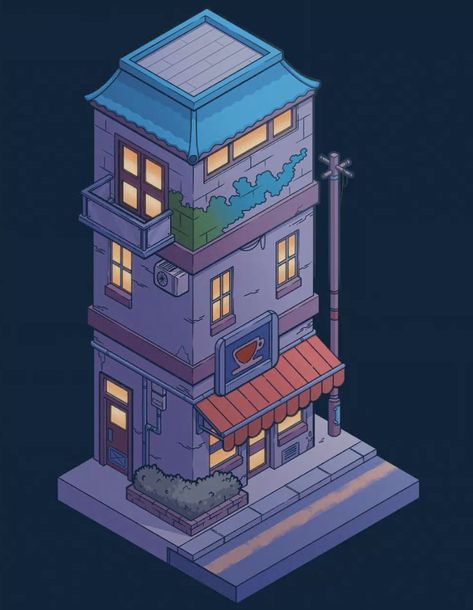 Isometric Town, Building At Night, Buildings Artwork, Color Pencil Illustration, Linear Art, Cholo Art, Isometric Drawing, Town Building, Cartoon House