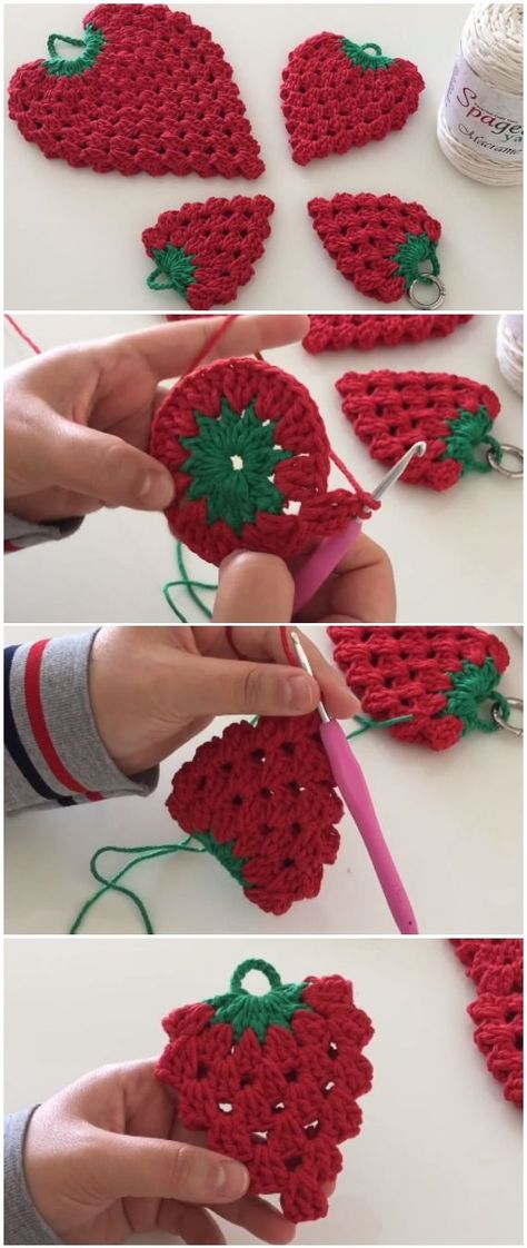 Crochet Super Easy Strawberry Crochet Strawberry Potholder Free Pattern, Crochet Strawberries Pattern Free, Crochet Strawberry Coaster Free Pattern, Crochet Strawberry Applique Pattern Free, Free Crochet Strawberry Pattern, Crochet Strawberry Pattern Free, Crochet Strawberry Stitch, Crochet Cherries, Crochet Strawberries