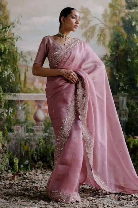 Buy Jigar Mali Purple Organza Floral Embroidered Saree And Blouse Set Online | Aza Fashions Lilac Saree, Organza Sari, Raw Silk Lehenga, Saree And Blouse, Purple Saree, Embroidered Saree, Aari Embroidery, Stylish Sarees, Silk Lehenga