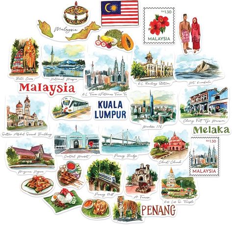 Amazon.com: Navy Peony Cultural Malaysia Travel Stickers (32pcs) - Watercolor, Waterproof, Malaysian-Themed Vacation Decals for Journals, Scrapbooks, Luggage : Toys & Games Travel Malaysia, Kebudayaan Malaysia, Malaysia Illustration, Malaysia Culture, Malaysian Culture Illustration, Malaysian Culture, Malaysia Watercolor, Travel Aesthetic Malaysia, Malaysia Culture Illustration