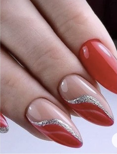 Red Silver Nails Glitter, Red Formal Nails Acrylic, Red And Silver Glitter Nails Acrylic, Red And Silver Gel Nails, Silver And Red Christmas Nails, Red With Silver Nails, Christmas Nails Elegant Silver Glitter, Summer Nails 2022 Coffin, Red Nail Art Elegant