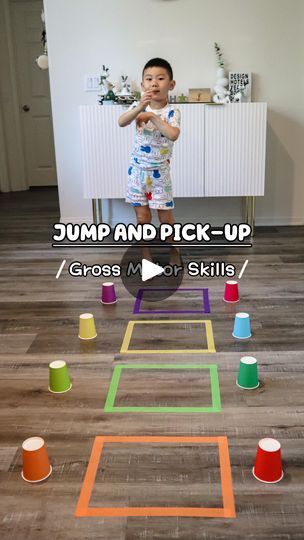 25K views · 699 shares | JUMP AND PICK-UP - Gross Motor Skills 💡See next reel for another play with the same base set-up. 💡Good for kids 2.5 years and up ❤️ You will need: ⭐️Masking tape ⭐️Paper cups Perfect for: 🍎Right and left body coordination 🍎Body control 🍎Distance control Hope this is fun for you and your little one(s), and feel free to save it for later or share with someone who might like it 💕🥰 ❤️Follow for more play ideas❤️ . . . . #preschoolideas #preschoolathome #早教 #educationalplay #earlyeducation #learningthroughplaying #toddlerplayideas #toddlerfun #earlychildhoodeducation #toddleractivities #montessori #diyplay #幼兒教育 #momhacks #grossmotorskills #parentingtips #sahmproblems #steam #bodycoordination #bodybalance #keepkidsbusy #keepkidsactive | Claire | Kids’ Pla Gross Motor Activities For Pre K, Balancing Activities For Preschoolers Gross Motor Skills, Physical Activities For Kids Toddlers, Gross Motor Activities For 2 Year, Jumping Games For Preschool, Jumping Activities For Toddlers, Indoor Active Games For Kids, Montessori Gross Motor Activities, Jumping Activities For Preschool