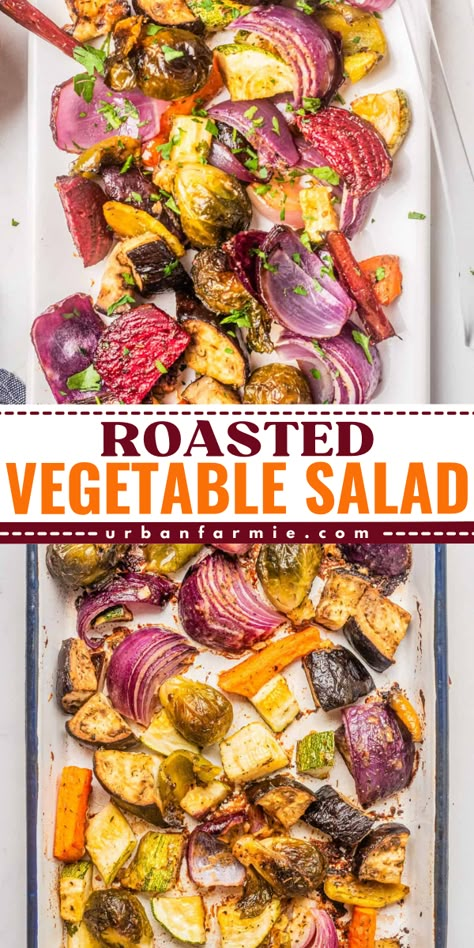 This Roasted Vegetable Salad is a summer salad recipe loaded with tons of flavor from the savory vegetables and a light vinaigrette! Add this salad recipe to your favorite 4th of July food ideas! Roasted Veggie Salad Recipes, Veggie Salads Without Lettuce, Salad Ideas For Lunch, Salads Without Lettuce, Roasted Root Vegetable Salad, 4th Of July Drinks, Roasted Salad, 4th Of July Food Ideas, Root Vegetable Salad