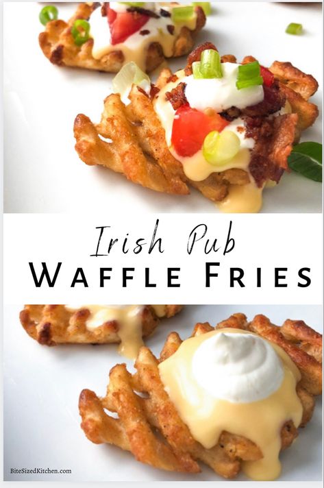 Irish Party Food Appetizers, Waffle Fry Recipes, Pub Food Appetizers, Waffle Fry Dip Sour Cream, Irish Nachos Recipe, Waffle Fry Nachos, Irish Party Food, Irish Pub Nachos Recipe, Irish Nachos Waffle Fries