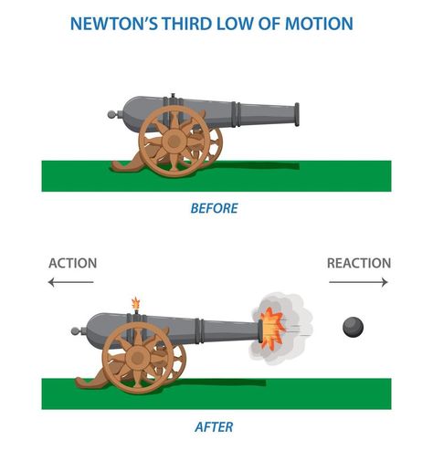 Newton Third Law of Motion Infographic Diagram showing action reaction force direction example of cannon and cannon ball Newton's First Law Of Motion Examples, Law Of Action And Reaction, Newton's Third Law Of Motion, Motion Infographic, Newton's First Law Of Motion, Newtons Third Law, Newtons Third Law Of Motion, Infographic Diagram, Newton's Third Law