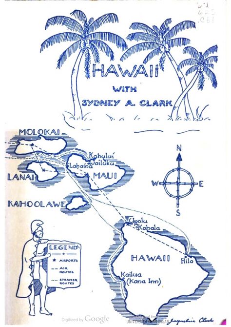 A map of Hawaii in the end papers of Hawaii by Sydney A. Clark. Hawaii Design, Hawaii Illustration, Island Illustration, Hawaiian Island Tattoo, Hawaii Map, Hawaii Map Islands, Hawaii Islands Map, Map Of Oahu Hawaii, Oahu Hawaii Map