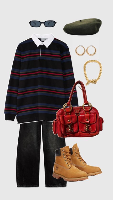 rugby shirt, timberland boots, slouchy bag, oversized outfit, baggy fit Rugby Shirt Outfit, Jen Jen, Street Style Fall Outfits, Slouchy Bag, Oversized Outfit, 2024 Outfits, Fall Street Style, Rugby Shirt, Street Style Outfit