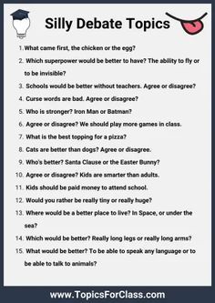 Topics Of Discussion, Debate Questions Funny, Elementary Debate Topics, English Debate Topics, Debate Questions High School, Topics To Argue About, How To Be Good At Debate, Silly Debate Topics, Talk About It Tuesday Topics