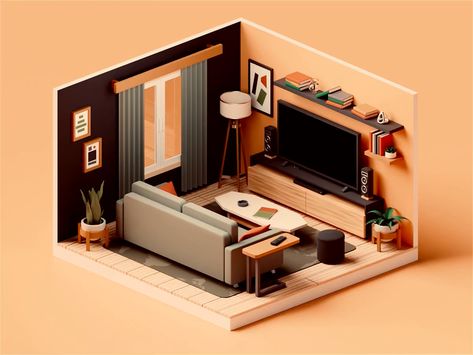 Isometric Living Room, Room Animation, Sims Architecture, 3d Portfolio, Serenitea Pot, 3d Living Room, 3d Floor Plan, Isometric Art, Isometric Design