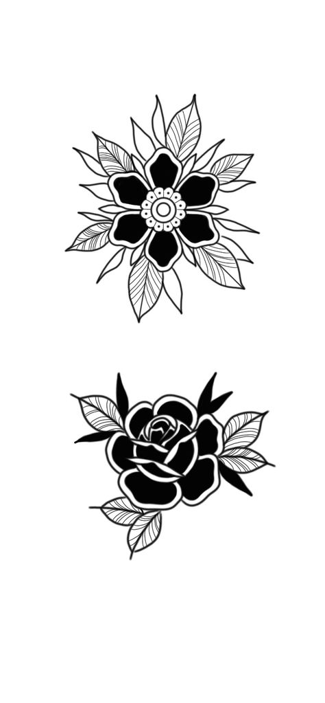 Tattoo Ideas For Fillers, How To Draw A Traditional Rose, Black Out Hand Tattoo Designs, Neo Traditional Tattoo Outline, Dark Patch Work Tattoos, Unique Elbow Tattoos For Women, Trad Flower Tattoo Black, Old School Tattoo Black And White, American Traditional Flower Tattoo Designs