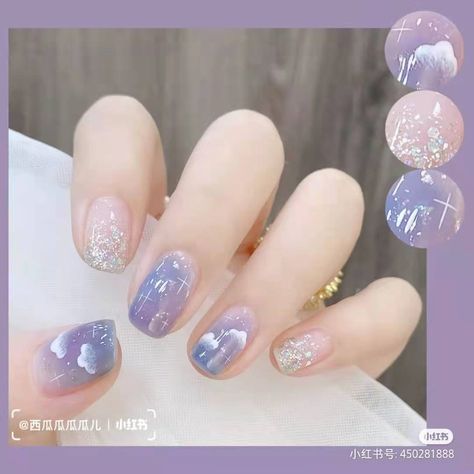 Douyin Nails, Nail Art Bleu, Purple Nail Art, Korean Nail Art, Sky Nails, Asian Nails, Beauty Nails Design, Blue Nail Art, Blush Nails