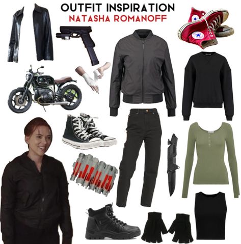 Natasha Romanoff Casual Outfit, Hawkeye Inspired Outfits, Black Widow Clothes, Blackwidow Outfits, Black Widow Outfit Ideas Casual, Black Widow Disneybound, Black Widow Aesthetic Outfit, Yelena Belova Inspired Outfits, Natasha Romanoff Outfit Ideas