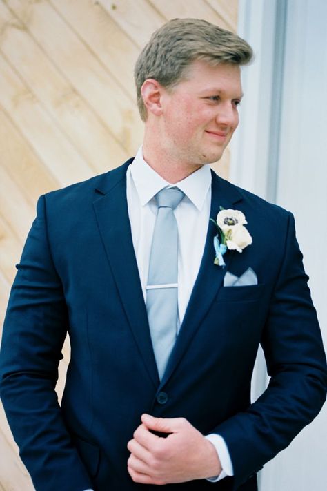 Spring Wedding | Barn South | Talmo, GA Navy Suit and Light Blue Tie for Groom Navy Wedding Suit Groom, Blue Suit For Wedding, Navy Blue Suit Groom, Navy Suit Tie, Blue Wedding Suit Groom, Navy Groomsmen Suits, Navy Blue Suit Wedding, Groom Suit Navy, Navy Blue Groom