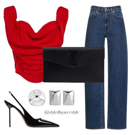 Red Top Blue Jeans Outfit, Jeans Night Out Outfit, Red Top Blue Jeans, Blue Jeans Outfit, Ysl Clutch, Blue Jean Outfits, Red Corset, Aesthetic Fits, Virtual Fashion