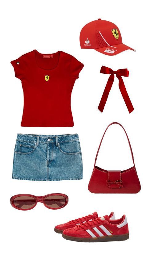 race day outfit ideas #charlesleclerc #ferrari #f1 #outiftinspo Formula One Outfit Ideas, Ferrari F1 Outfit, Ferrari Top Outfit, Ferrari Inspired Outfit, Race Day Outfits F1, F1 Ferrari Outfit, Wag Outfits F1, F1 Wag Outfit Ideas, F1 Wags Outfits Ideas