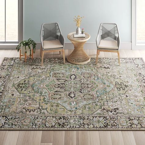 Mistana™ Albion Oriental Black/Green/Ivory Area Rug & Reviews | Wayfair Green Dining Room Rug, Green Area Rugs In Living Room, Bohemian Apartment, Basement Reno, Black Tones, Vintage Medallion, Green Room, Green Area Rug, Persian Pattern