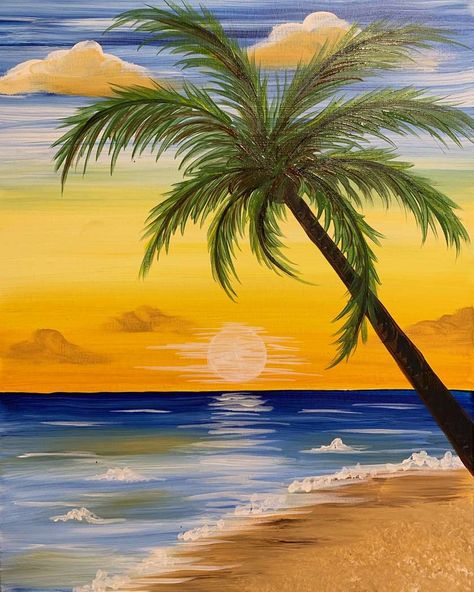 Tropical Sunset Painting, Hawaii Painting Easy, Sunset Beach Painting, Easy Nature Paintings, Sunset Painting Easy, Beach Sunset Painting, Maui Sunset, Easy Landscape, Easy Landscape Paintings