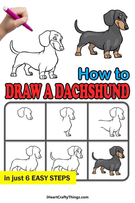 Dachshund Diy Crafts, How To Draw A Dachshund Step By Step, Dashound Drawings, How To Draw A Dachshund, Daschund Illustration, Winnie Dog, Dachshund Sketch, Terracotta Diy, Blonde Dachshund