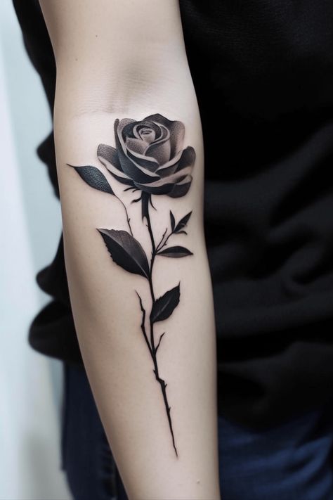 The Meaning and Symbolism of a Black Rose - On Your Journey Rose Tattoo Color, Black Rose Tattoo Meaning, Dark Roses Tattoo, Flor Tattoo, Floral Back Tattoos, Rose Tattoo Meaning, Pretty Flower Tattoos, Rose Tattoo On Arm, Realistic Rose Tattoo