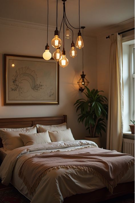 Bohemian bedroom featuring diverse pendant lights hanging at various heights String Lights In Bedroom, Hanging Lights In Bedroom, Boho Bedroom Lighting, Small Bedroom Lighting, Lights In Bedroom, Hanging Bedroom Lights, Bohemian Lighting, Boho Bedroom Decor Ideas, Boho Lighting