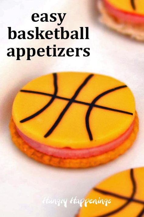 cracker topped with ham and a round slice of cheese decorated like a basketball March Madness Appetizers, Basketball Watch Party, March Madness Food, Basketball Food, March Madness Parties, Kids Gratitude Journal, Kids Sports Party, Sports Snacks, Gratitude Journal For Kids