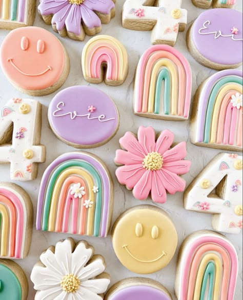 Sunshine Birthday Cakes, Rainbow Baby Birthday, Rainbow Sugar Cookies, Rainbow First Birthday, 5th Birthday Party Ideas, Paint Cookies, Rainbow Cookies, Sunshine Birthday, Sugar Cookie Designs