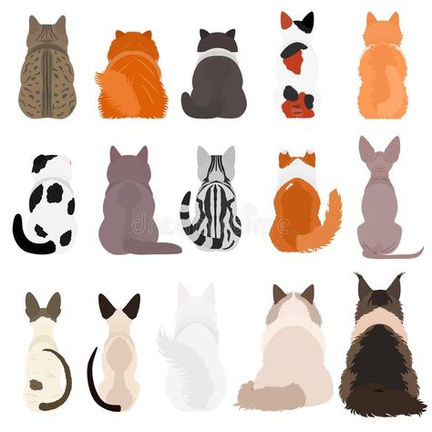 Various cat breeds from behind bundle. Cat breeds rear view bundle, sitting cats from behind on white set stock illustration Cat Sitting From Behind Drawing, Cat From Back View, Cat Back Drawing, Cat Sitting From Behind, Cat From Behind Drawing, Cats From Behind, Pet Illustration Design, Cat Sitting Back View, Cat Sitting Drawing