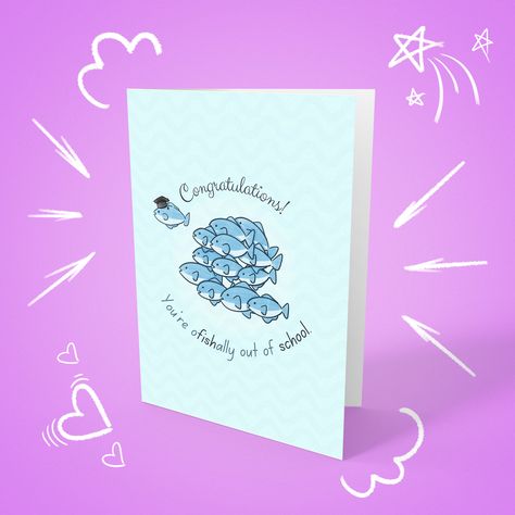 Celebrate the graduate's big achievement with this punny and adorable greeting card! Featuring a unique illustration of a determined fish sporting a graduation cap, swimming out of a school of fish, this card is sure to bring a smile to any grad's face. Graduation Card Funny, Fish Puns, Funny Graduation Cards, Funny Fish, School Of Fish, Unique Illustration, Cute Card, Graduation Card, Graduation Cards