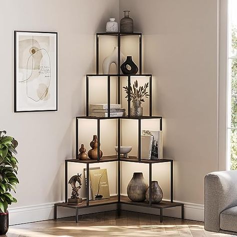 BELLEZE 5-Tier Corner Bookshelf with RGB Light, Remote Control Multiple Lighting Modes and Colors, 66" Tall L-Shaped Bookcase, Storage & Display Rack for Living Room, Courtyard and Home Office - Gray Blitz Design, Corner Bookshelf, Corner Bookshelves, Industrial Minimalist, Inspire Me Home Decor, Corner Shelf, Decoration Inspiration, Plants Flowers, A Living Room