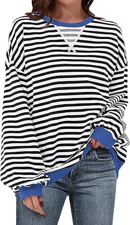 ANRABESS Women Striped Oversized Sweatshirt Long Sleeve Crewneck Hoodies Shirts 2024 Fall Pullover Top Trendy Preppy Clothes Stripe Sweatshirt, Casual Pullover Sweater, Brown Sweatshirt, Oversize Pullover, Pull Oversize, Casual Long Sleeve Shirts, Striped Sweatshirts, Y2k Clothes, Loose Pullover