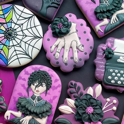 Wednesday Addams Decorated Cookies, Wednesday Addams Cookies, Wednesday Cookies, Eddie Printer, Wednesday Birthday, Window Cookies, Halloween Biscuits, Wednesday Party, 7th Birthday Party Ideas