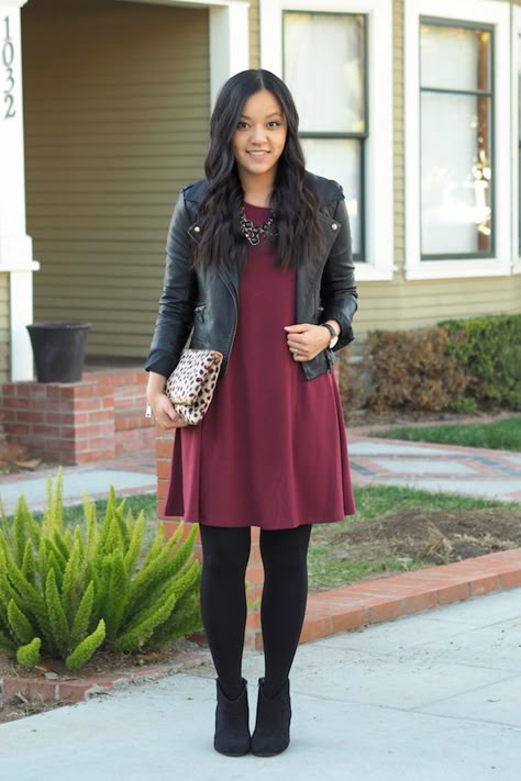 Go-To Combo for Dressing Up Almost Anything + Maroon Dress Lookalike Under $20 Maroon Dress Outfit, Burgundy Dress Outfit, Casual Leather Jacket, Gaun Fashion, Winter Dress Outfits, Maroon Dress, Dress Back, Burgundy Dress, Back In Stock