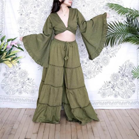 Flow freely in boho bliss with these wide-leg tiered pants and ruffle-sleeve top ensemble 🌸✨ https://karmanepalcrafts.com/products/flowy-tiered-pants #bohohippiechic #widelegpants #flowy #flarepants #bohemianstyle #plussizefashion #ootdfashion #springfashion #summeriscoming Tiered Pants, Handmade Pants, Boho Hippie Chic, Pants Cotton, Flowy Pants, Ruffled Sleeve Top, Boho Look, Bell Bottom, Ruffle Top