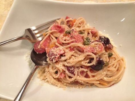 Pasta With Salami Recipe, Salami Pasta Recipes, Pasta With Salami, Salami Pasta, Calzone Recipes, Puttanesca Pasta, Salami Recipe, Pasta Puttanesca Recipe, Puttanesca Recipe