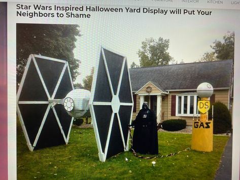 Halloween Star Wars Decorations, Star Wars Halloween Decorations Outdoor, Star Wars Outdoor Christmas Decorations, Star Wars Lawn Decor, Star Wars Wagon Halloween, Star Wars Halloween Decorations, Campsite Ideas, Halloween Yard Displays, Diy Yard Decor