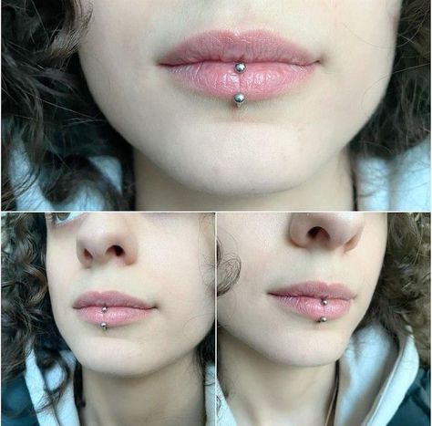 Piercing Ideas Lip, Dainty Face Piercings, Middle Lip Piercing, Face Piercings, Cool Piercings, Face Jewellery, Labret Piercing, Facial Piercings, Cute Piercings