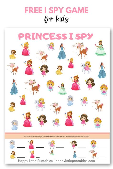 I spy game for kids to download and print at home. Disney Princess Activities, Disney Princess Games, Spy Games For Kids, Princess Activities, Halloween Bingo Game, Disney Princess Theme, Printable Games For Kids, Princess Games, Halloween Bingo