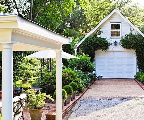 Detached Garage Cheap Front Doors, Exterior Door Trim, Detached Garage Designs, Curb Appeal Landscape, Diy Curb Appeal, Brick Edging, Concrete Walkway, House Shutters, Concrete Driveways