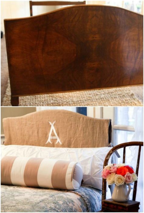 DIY Headboard Slipcover Diy Headboard Cover, Skoolie Bedroom, Western Headboard, Diy Slipcover, Rug Headboard, Headboard Slipcover, Slipcovered Headboard, Diy Interior Ideas, Antique Headboard