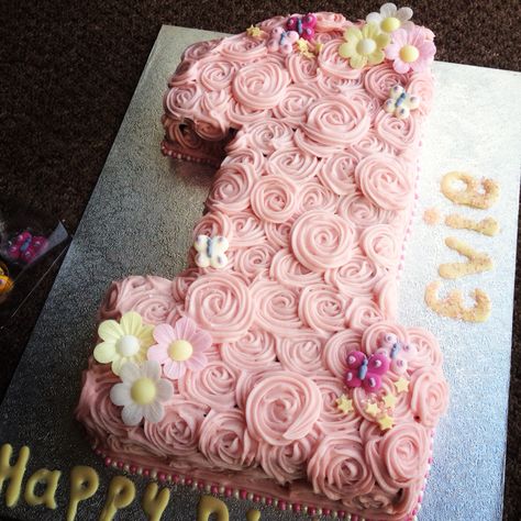 Number 1 Shaped Cake, Alphabet Cake Birthday Letters Pink, Rose Gold 1st Birthday Cake, 1 Shaped Cake, Number 1 Birthday Cake, Piped Cake, Number One Cake, Number 1 Cake, How To Pipe Roses