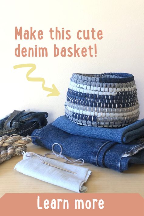 Basket making is a simple and relaxing craft that allows you to use spare fabrics. I will show you how to make your own beautiful DIY baskets from a pair of old jeans with our most popular craft course ever. Old Jeans Projects, Denim Basket, Diy Jeans Crafts, Diy Old Jeans, Christmas Ornaments Patterns, Basket Weaving Diy, Denim Crafts Diy, Diy Jeans, Basket Making