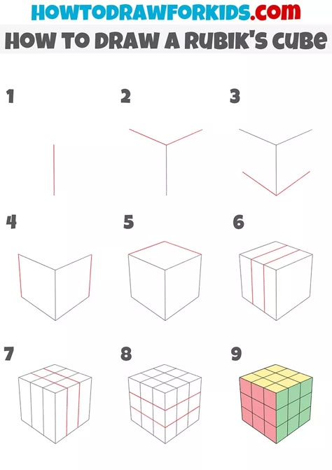 How to Draw a Rubik's Cube - Easy Drawing Tutorial For Kids How To Draw Rubik Cube, How To Draw A Rubix Cube, Rubics Cube Drawing, How To Draw A Cube, Cube Design Art, 3d Cube Drawing, Mindful Drawing, Classical Paintings, Optical Illusion Drawing