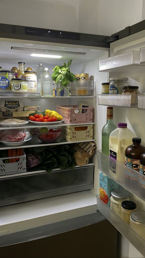 Weekly fridge restock and organisation ✨ I love the pastel crates they are so cute 🥰 Small Fridge Aesthetic, Aethstetic Fridge, Stocked Fridge Aesthetic, Stocked Fridge, Big Fridge Aesthetic, Full Fridge Aesthetic, Aesthetic Fridge, Fridge Aesthetic, Stocked Fridge Goals