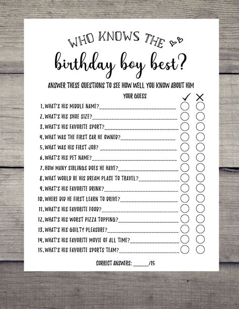 Mens Dirty 30 Party Games, Games To Play At A 40th Birthday Party, 40 Birthday Games, Would He Rather Questions, 35 Birthday For Him, How Well Do You Know The Birthday Man, Birthday Questions For Adults Fun, 60th Birthday Game Ideas, Birthday Games 18th