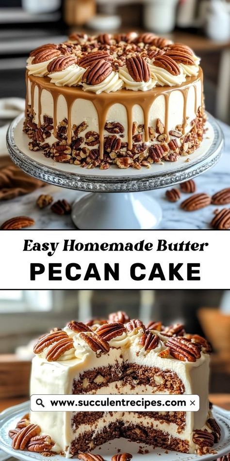 Whip up this Irresistible Easy Homemade Butter Pecan Cake! The rich, buttery flavor and toasted pecans make this cake a deliciously comforting treat that will have everyone asking for the recipe. Creamy Pineapple Pecan Cake, Butter Pecan Cake Recipe, Pecan Torte, Easy Homemade Butter, Classic Holiday Desserts, Pecan Pie Cake, Gift Recipes, Gingerbread Cake Recipe, Pecan Butter