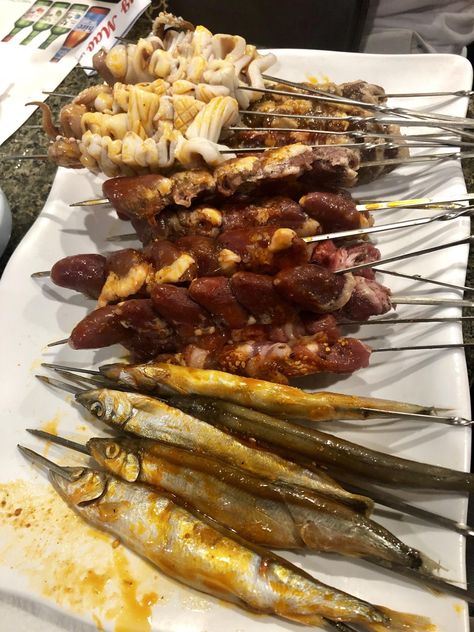 [I ate] Charcoal grilled skewers of sardines chicken hearts marinated lamb beef tendon and squid Grilled Skewers, Chicken Hearts, Healthy Life Inspiration, Marinated Lamb, Beef Tendon, Chicken Heart, Skewers Grill, Balanced Lifestyle, Charcoal Grill