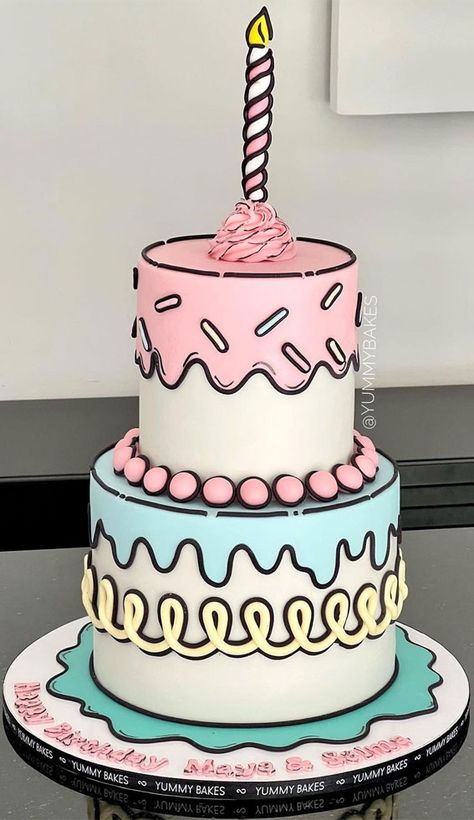 comic cake, comic book cake, outline comic cake, buttercream comic cake, cartoon cake, comic cake designs Fun Cake Designs Simple, Cartoon Cake Designs Birthday, Simple Barbie Cake, Simple Fondant Cake Design, Comic Cake Birthday, Comic Cake Design, Comic Book Cake, Cartoon Cake Design, Pastel Comic