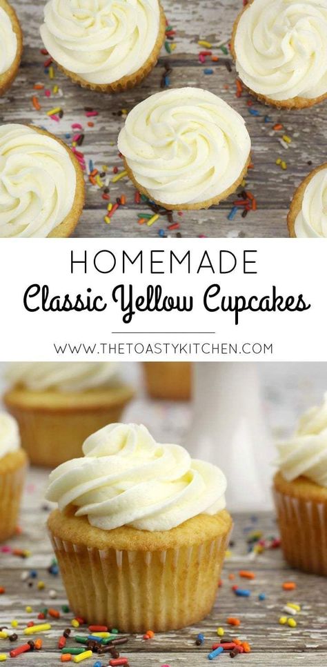 Sweet Buttercream Frosting, Yellow Cake Cupcakes, Vanilla Homemade, Homemade Vanilla Cupcakes, Homemade Cupcake Recipes, Cupcake Recipes From Scratch, Yellow Cupcakes, Yellow Cake Recipe, Butter Cupcakes